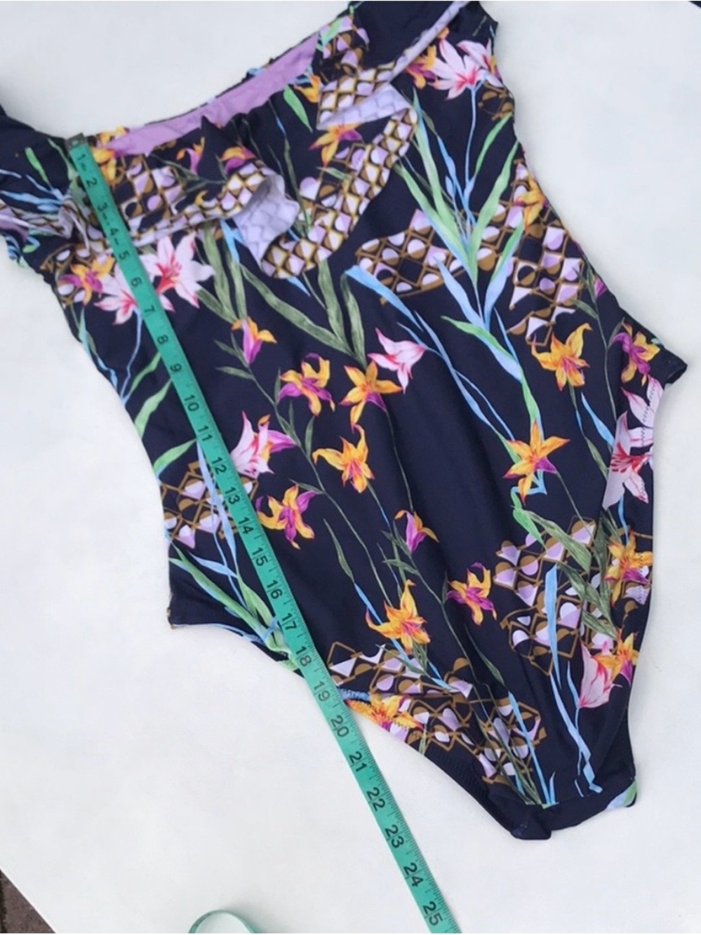 Trina Turk Fiji Floral Ruffle Off The Shoulder One Piece Swimsuit 12 Blue Multi - Picture 7 of 8